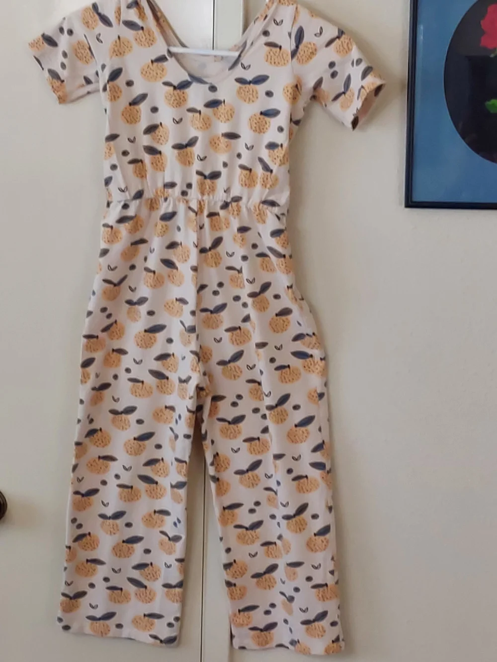 Girls White and Yellow Fruit-Print Casual Jumpsuit with Elastic Waist